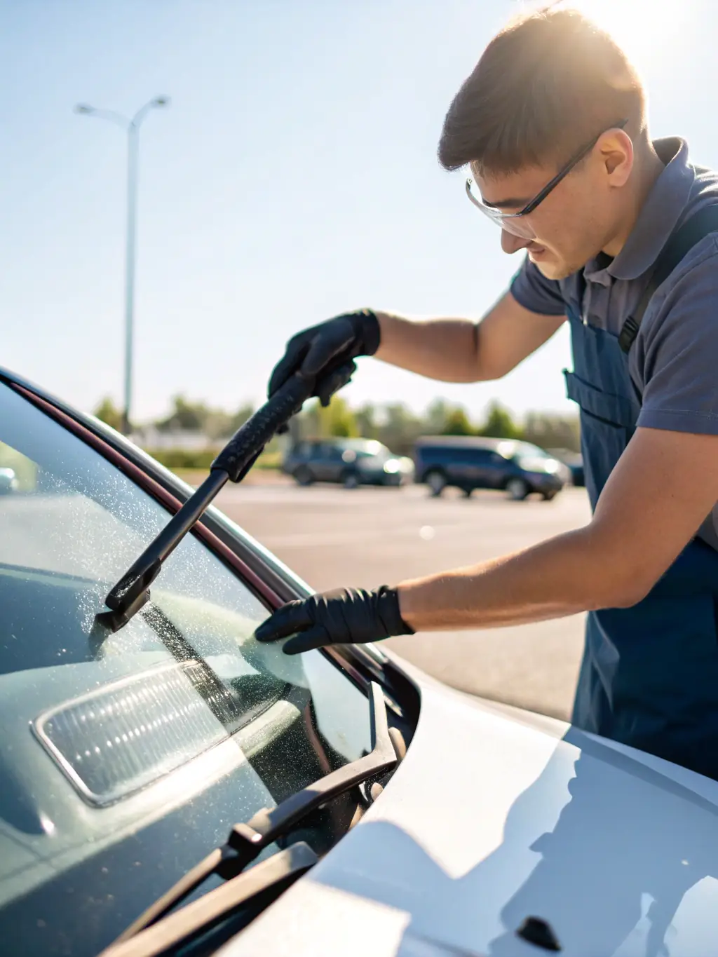 A close-up of someone replacing windshield wipers on a car.