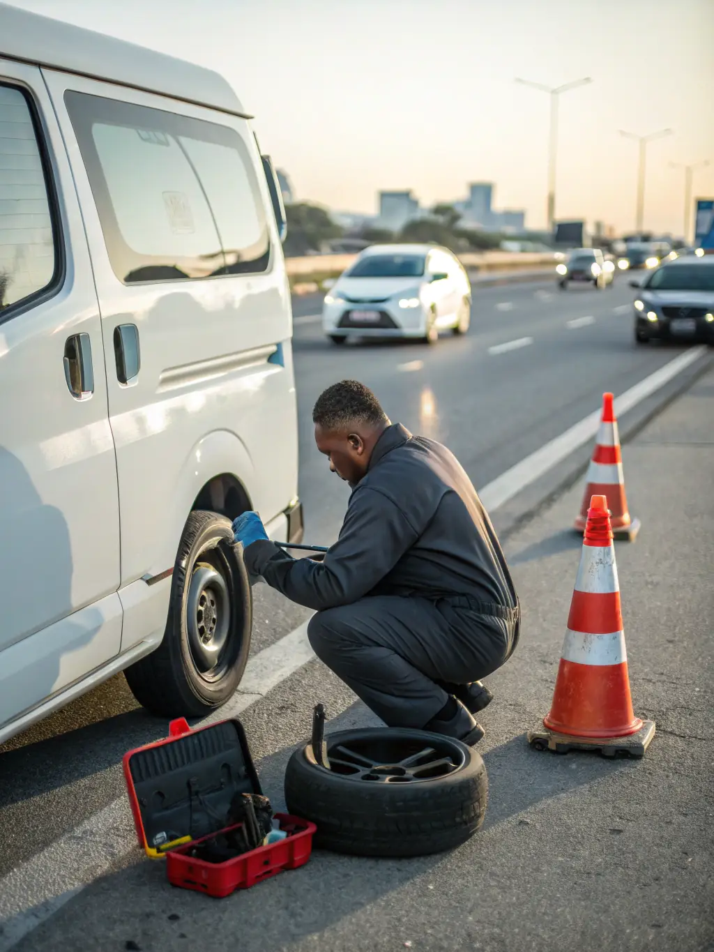 A person changing a flat tire on a car, with safety precautions being followed.