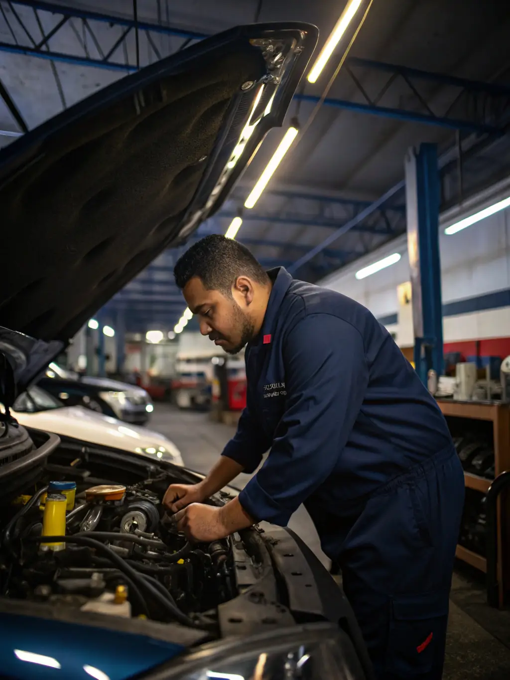 A mechanic demonstrating how to check the engine oil level in a car, with clear visual instructions.