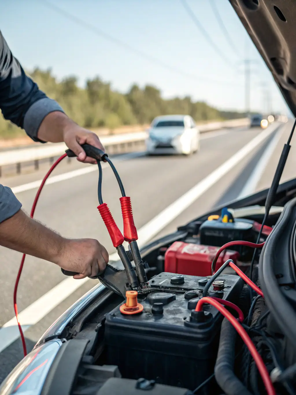 A mechanic showing how to jump-start a car with jumper cables.